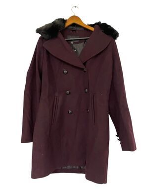 Tahari Womens Peacoat Coat Large Burgundy Plum Faux Fur Wool Double Breasted